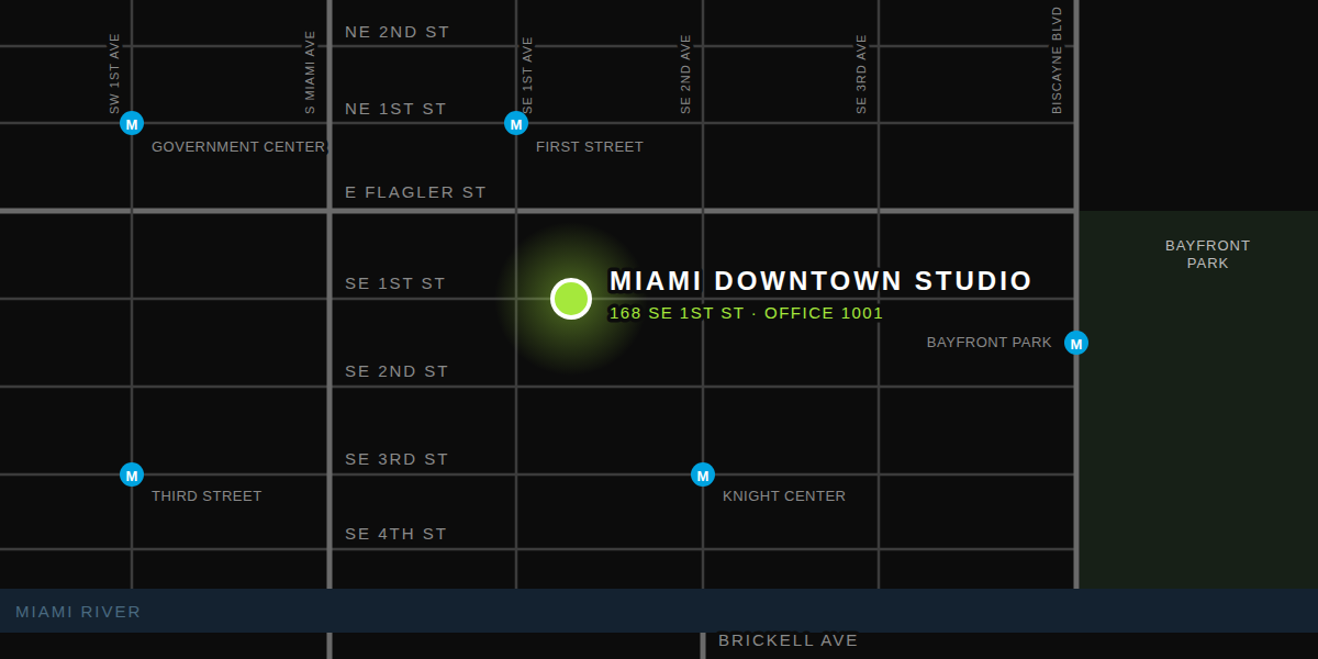 Street map: iRolls Miami Downtown Studio at 168 SE 1st Street, Office 1001, near First Street, Bayfront Park, Knight Center and Government Center stations